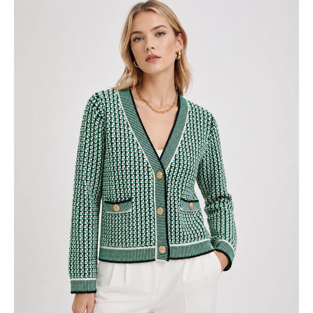 NWT Urban Revivo Tweed Knit Cardigan‎ Green Gold Button Preppy M US 6